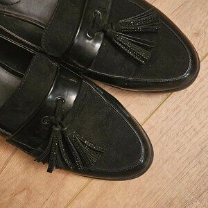 Black patent suede sparkle tassel loafers